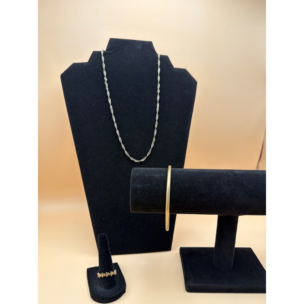 Womens Jewelry Lot Silver Rope Necklace Gold Bangle Bracelet and Floral Ring